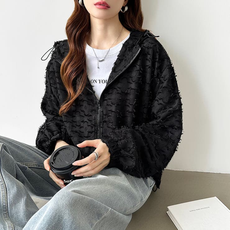 フラワーカットジャガードブルゾン パーカーブルゾン ドロスト付き | COCOMOMO | 詳細画像19 