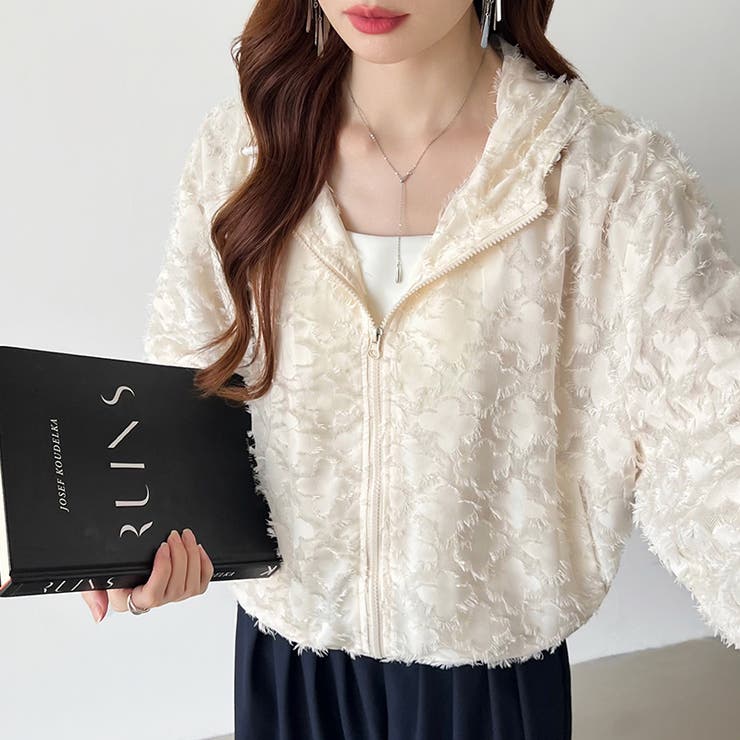 フラワーカットジャガードブルゾン パーカーブルゾン ドロスト付き | COCOMOMO | 詳細画像2 