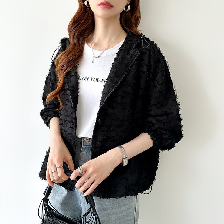 フラワーカットジャガードブルゾン パーカーブルゾン ドロスト付き | COCOMOMO | 詳細画像20 