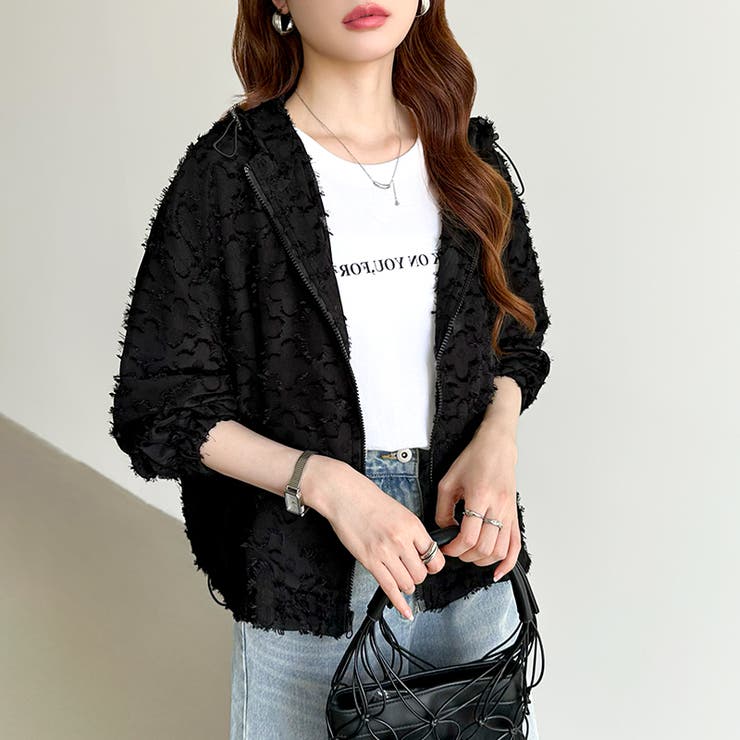 フラワーカットジャガードブルゾン パーカーブルゾン ドロスト付き | COCOMOMO | 詳細画像24 