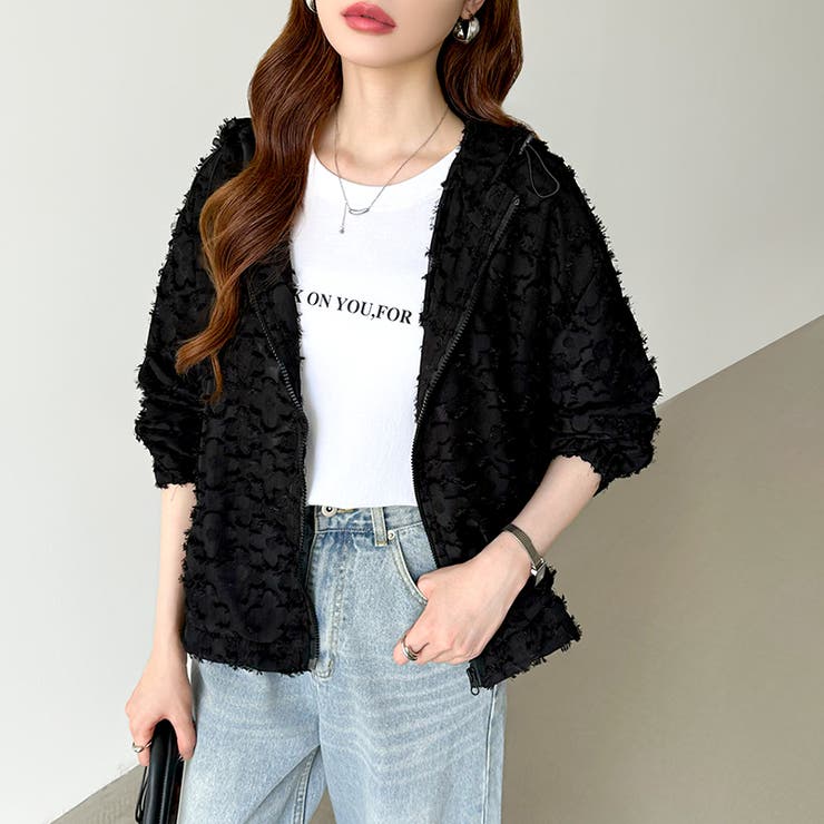 フラワーカットジャガードブルゾン パーカーブルゾン ドロスト付き | COCOMOMO | 詳細画像26 