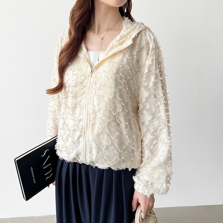 フラワーカットジャガードブルゾン パーカーブルゾン ドロスト付き | COCOMOMO | 詳細画像3 