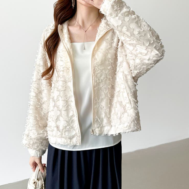 フラワーカットジャガードブルゾン パーカーブルゾン ドロスト付き | COCOMOMO | 詳細画像7 