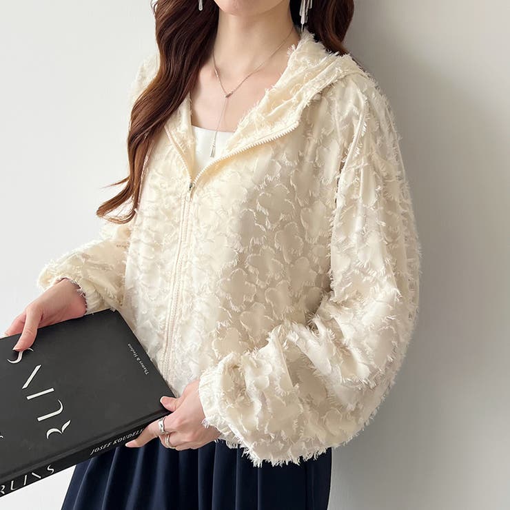 フラワーカットジャガードブルゾン パーカーブルゾン ドロスト