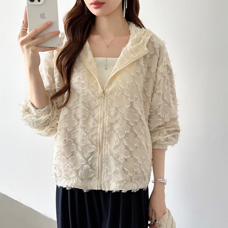 フラワーカットジャガードブルゾン パーカーブルゾン ドロスト付き | COCOMOMO | 詳細画像12 