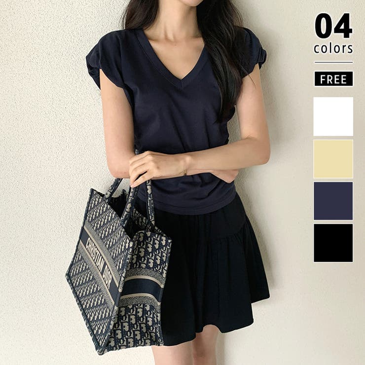 ネイビー | サイドギャザートップス パフスリーブ Tシャツ | COCOMOMO