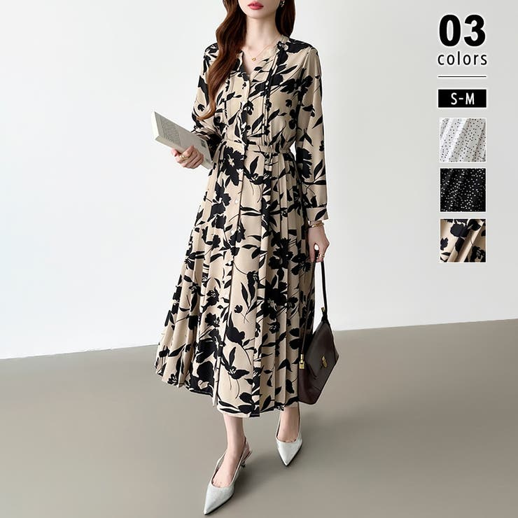 ブラウン・花柄 | 【花柄 ドット柄】 きれいめワンピース | COCOMOMO