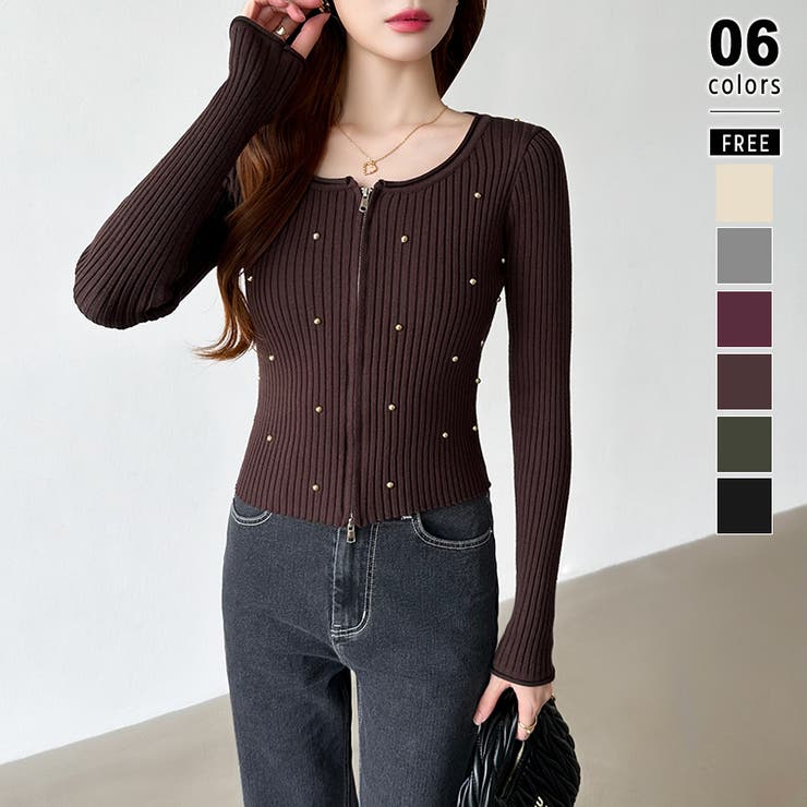 ダークブラウン | ダブルジップ リブニット ショートカーディガン | COCOMOMO