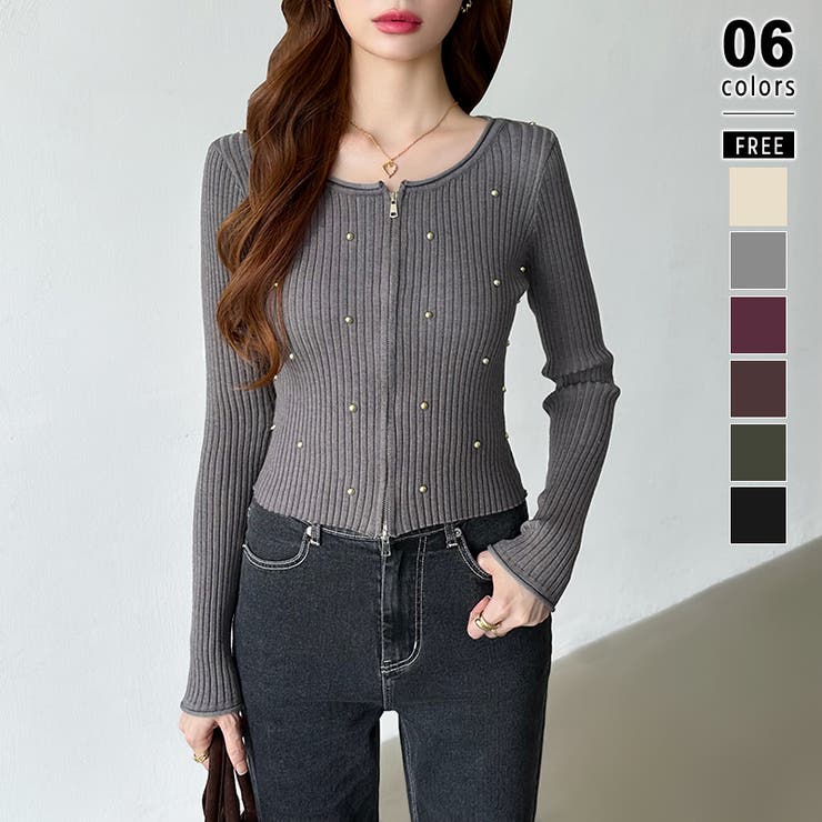 グレー | ダブルジップ リブニット ショートカーディガン | COCOMOMO