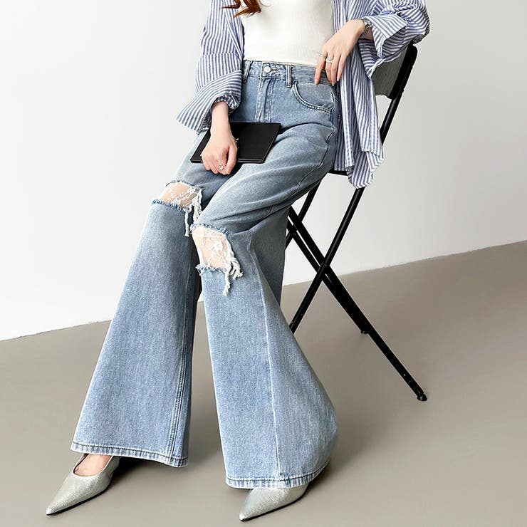 ダメージレースデニム デニムパンツ ダメージジーンズ | COCOMOMO | 詳細画像11 