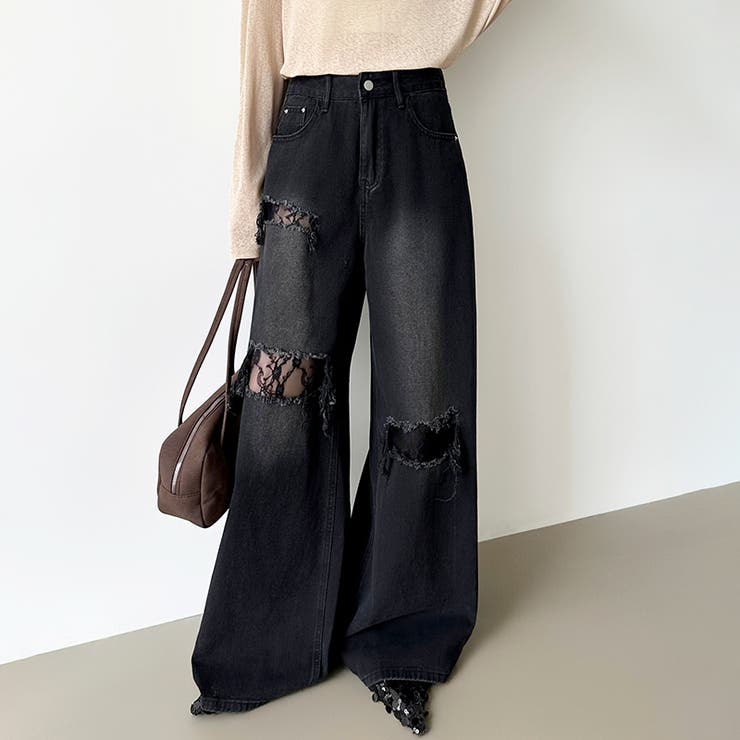 ダメージレースデニム デニムパンツ ダメージジーンズ | COCOMOMO | 詳細画像14 