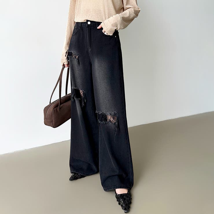 ダメージレースデニム デニムパンツ ダメージジーンズ | COCOMOMO | 詳細画像16 