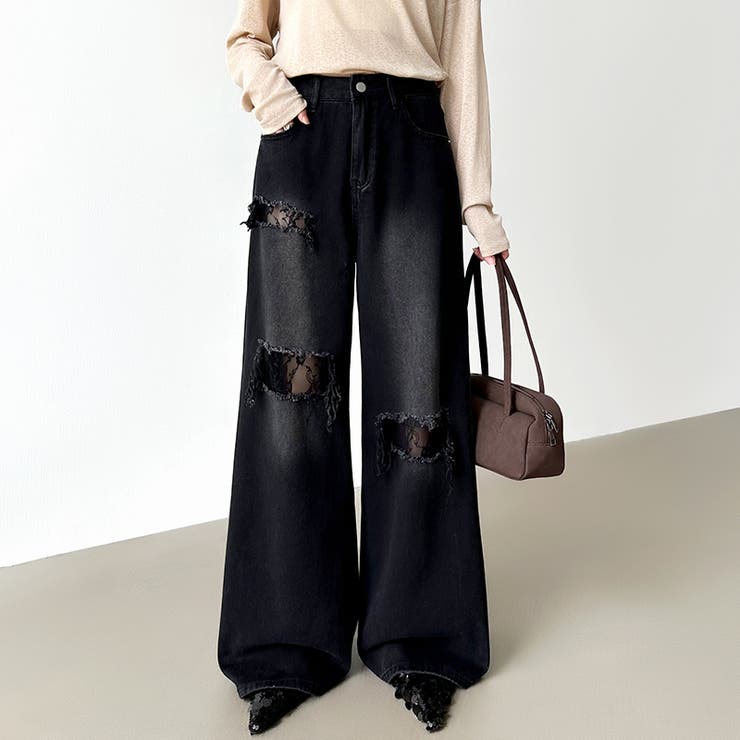 ダメージレースデニム デニムパンツ ダメージジーンズ | COCOMOMO | 詳細画像19 