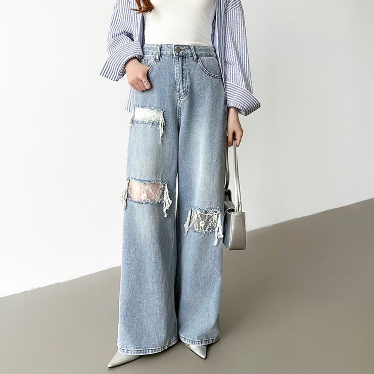 ダメージレースデニム デニムパンツ ダメージジーンズ | COCOMOMO | 詳細画像2 