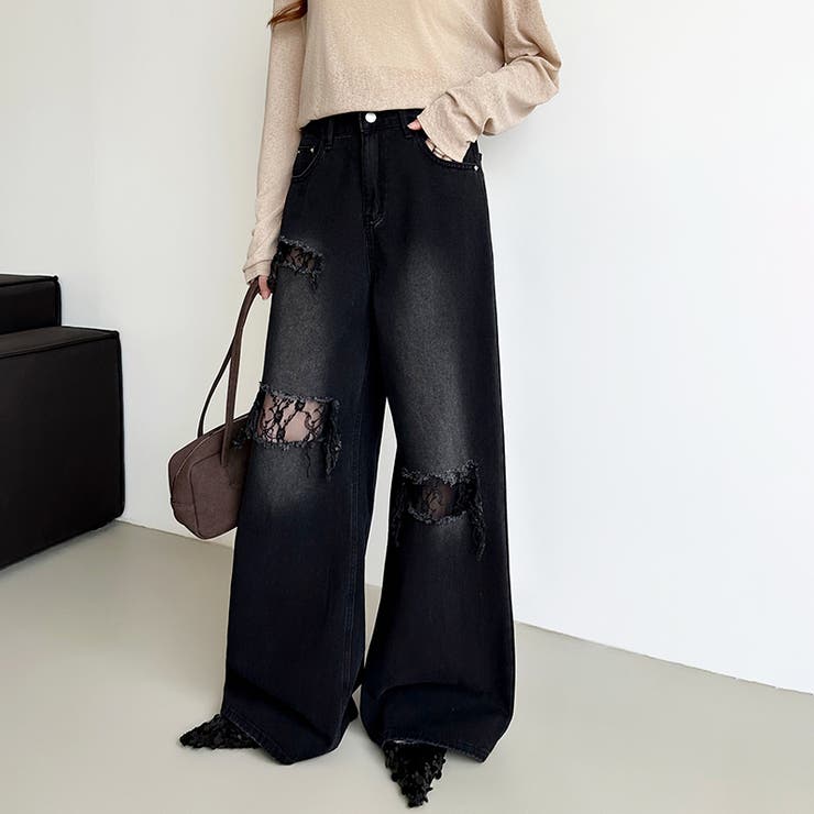 ダメージレースデニム デニムパンツ ダメージジーンズ | COCOMOMO | 詳細画像22 