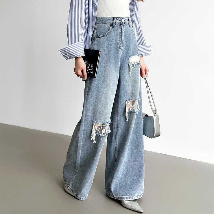 ダメージレースデニム デニムパンツ ダメージジーンズ | COCOMOMO | 詳細画像4 