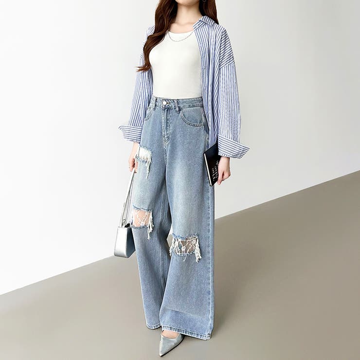 ダメージレースデニム デニムパンツ ダメージジーンズ | COCOMOMO | 詳細画像9 