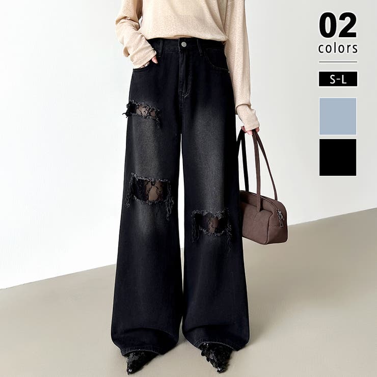 ブラック | ダメージレースデニム デニムパンツ ダメージジーンズ | COCOMOMO