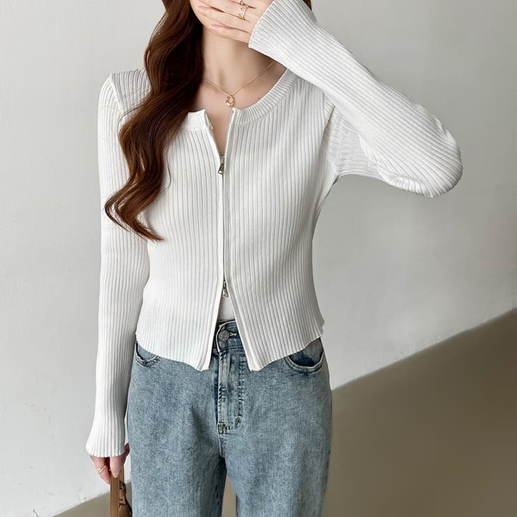 【新色登場】ダブルジップニット ショートジップカーディガン リブニット | COCOMOMO | 詳細画像3 