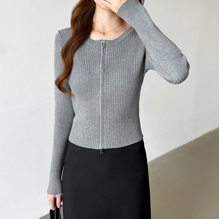 【新色登場】ダブルジップニット ショートジップカーディガン リブニット | COCOMOMO | 詳細画像12 