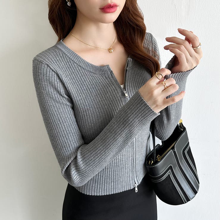 【新色登場】ダブルジップニット ショートジップカーディガン リブニット | COCOMOMO | 詳細画像14 