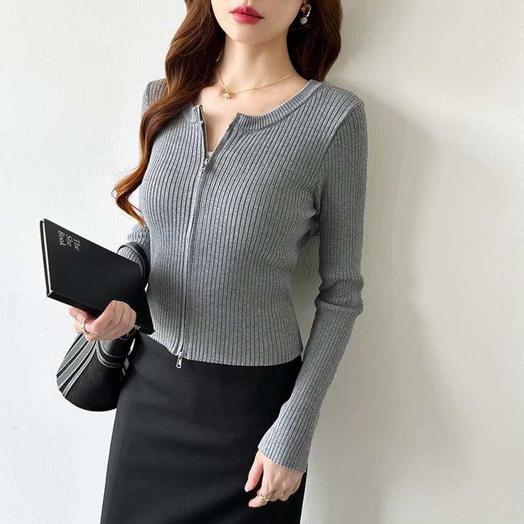 【新色登場】ダブルジップニット ショートジップカーディガン リブニット | COCOMOMO | 詳細画像17 