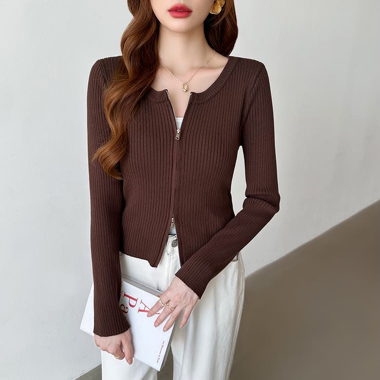 【新色登場】ダブルジップニット ショートジップカーディガン リブニット | COCOMOMO | 詳細画像19 