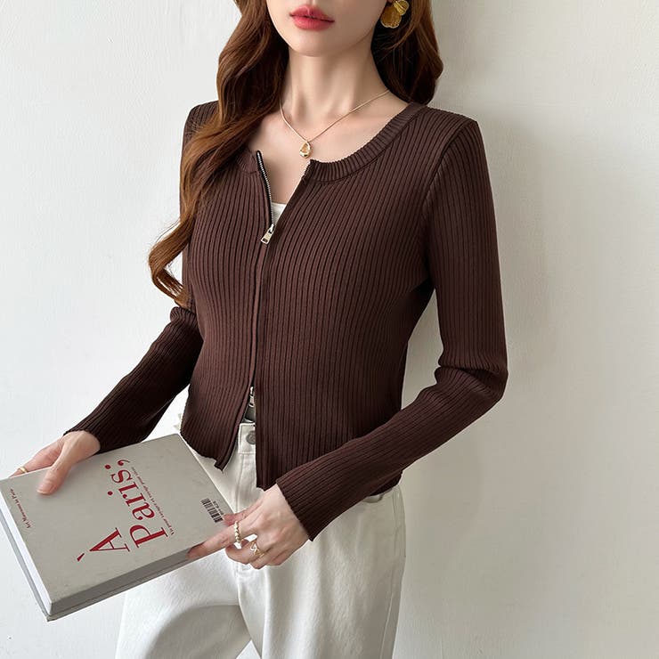 【新色登場】ダブルジップニット ショートジップカーディガン リブニット | COCOMOMO | 詳細画像23 