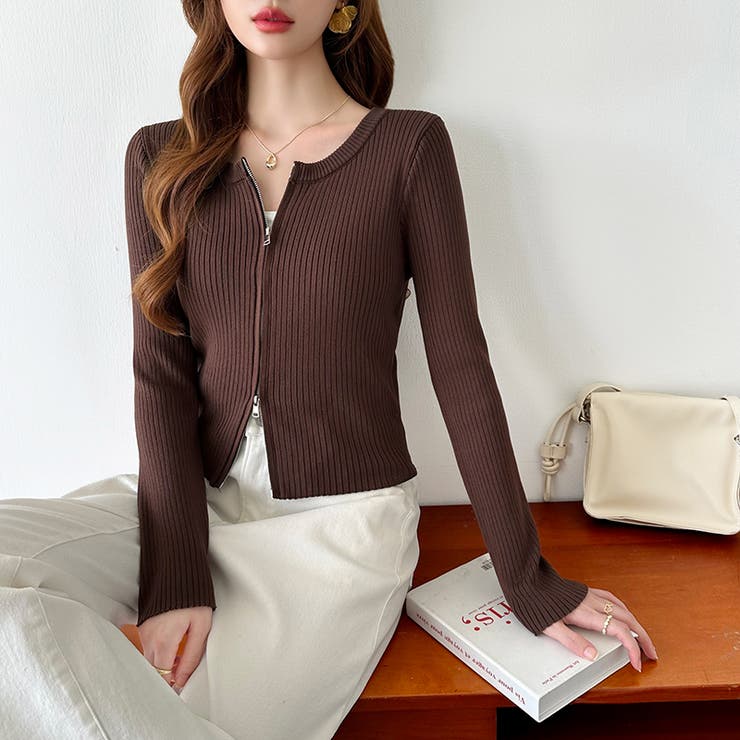 【新色登場】ダブルジップニット ショートジップカーディガン リブニット | COCOMOMO | 詳細画像25 