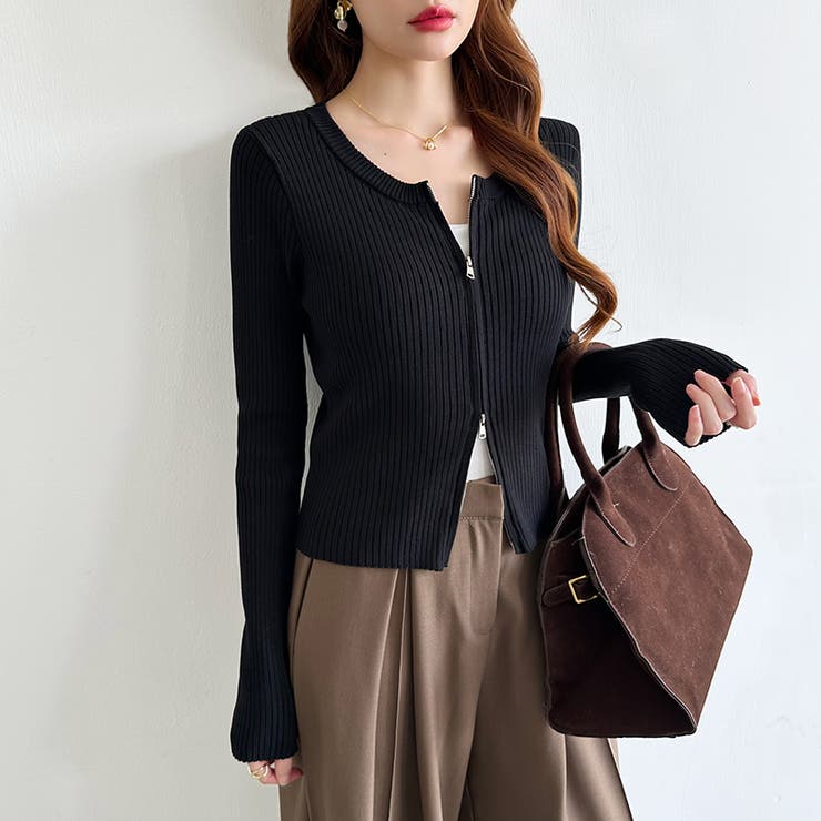 【新色登場】ダブルジップニット ショートジップカーディガン リブニット | COCOMOMO | 詳細画像28 