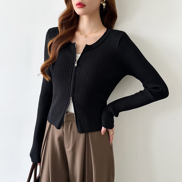 【新色登場】ダブルジップニット ショートジップカーディガン リブニット | COCOMOMO | 詳細画像30 