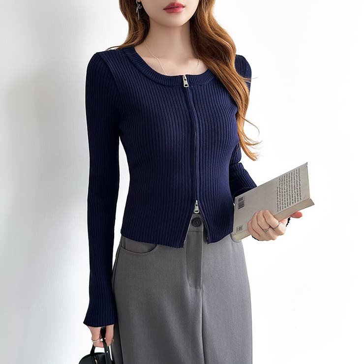 【新色登場】ダブルジップニット ショートジップカーディガン リブニット | COCOMOMO | 詳細画像38 