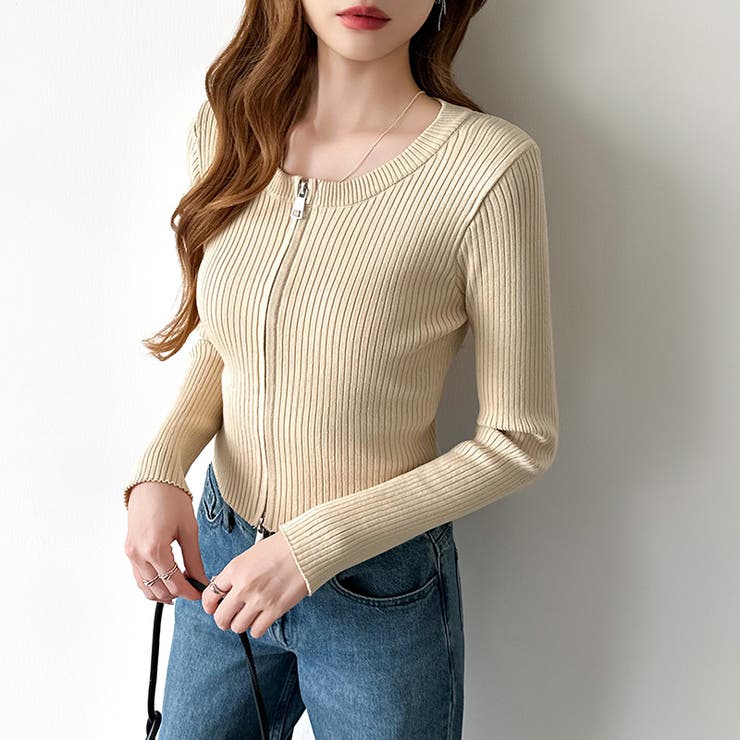 【新色登場】ダブルジップニット ショートジップカーディガン リブニット | COCOMOMO | 詳細画像48 