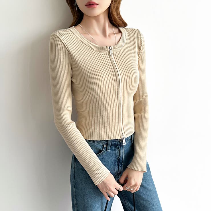 【新色登場】ダブルジップニット ショートジップカーディガン リブニット | COCOMOMO | 詳細画像49 