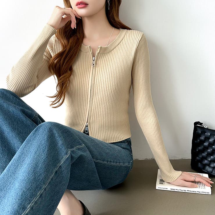 【新色登場】ダブルジップニット ショートジップカーディガン リブニット | COCOMOMO | 詳細画像52 