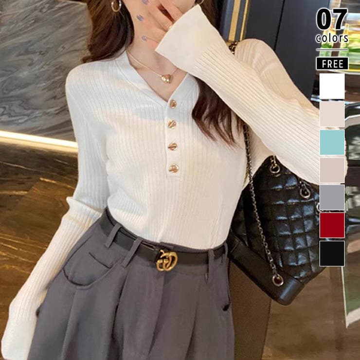 ホワイト | リブニット vネックニット やわらかヤク風ニット | COCOMOMO