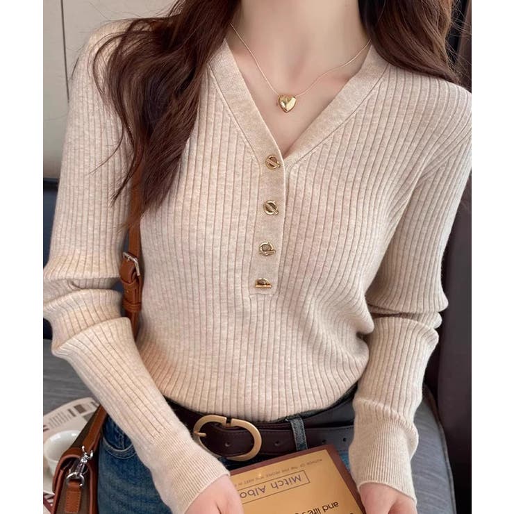 リブニット vネックニット やわらかヤク風ニット | COCOMOMO | 詳細画像13 