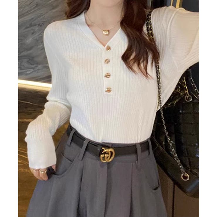 リブニット vネックニット やわらかヤク風ニット | COCOMOMO | 詳細画像1 