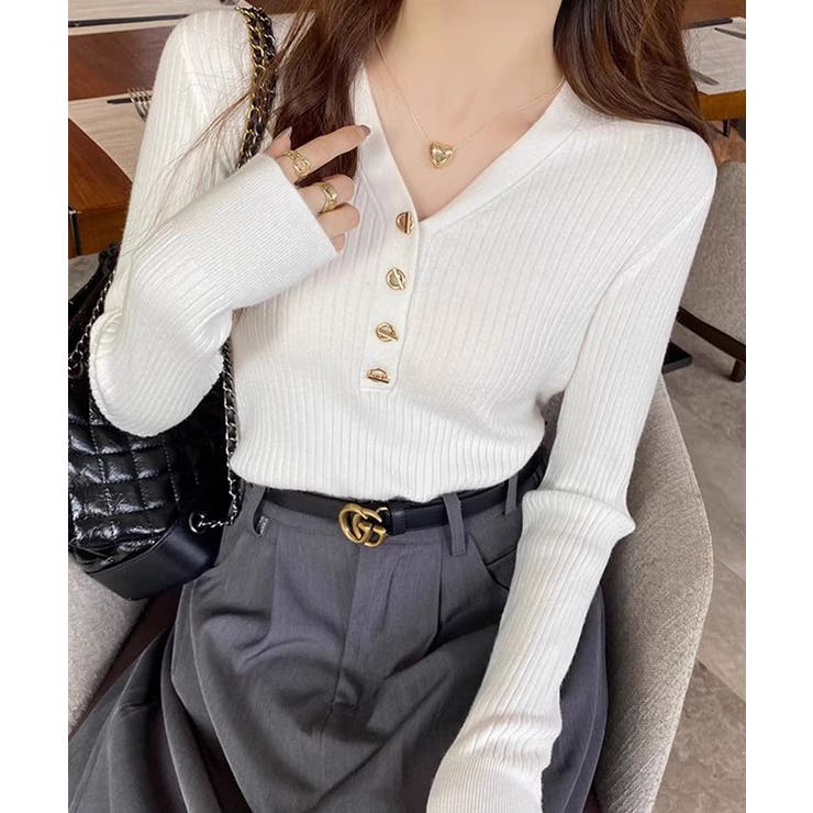 リブニット vネックニット やわらかヤク風ニット | COCOMOMO | 詳細画像2 