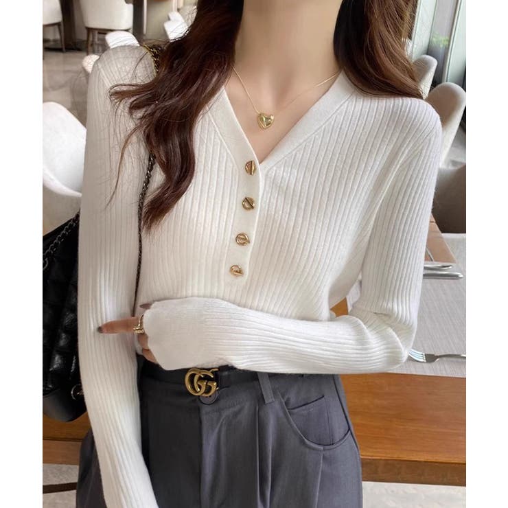 リブニット vネックニット やわらかヤク風ニット | COCOMOMO | 詳細画像3 