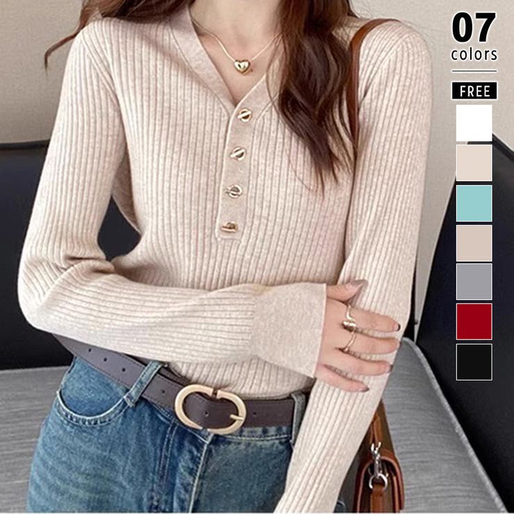 カーキ | リブニット vネックニット やわらかヤク風ニット | COCOMOMO