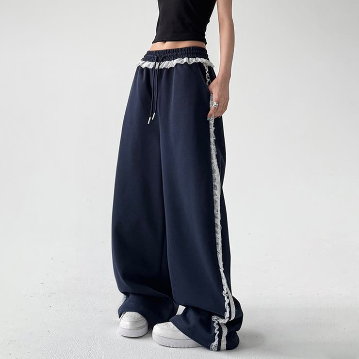 CRONOS ネイビー サイドストライプ パンツ　M　美品 サイドレースラインパンツ スウェットパンツ サイドラインパンツ