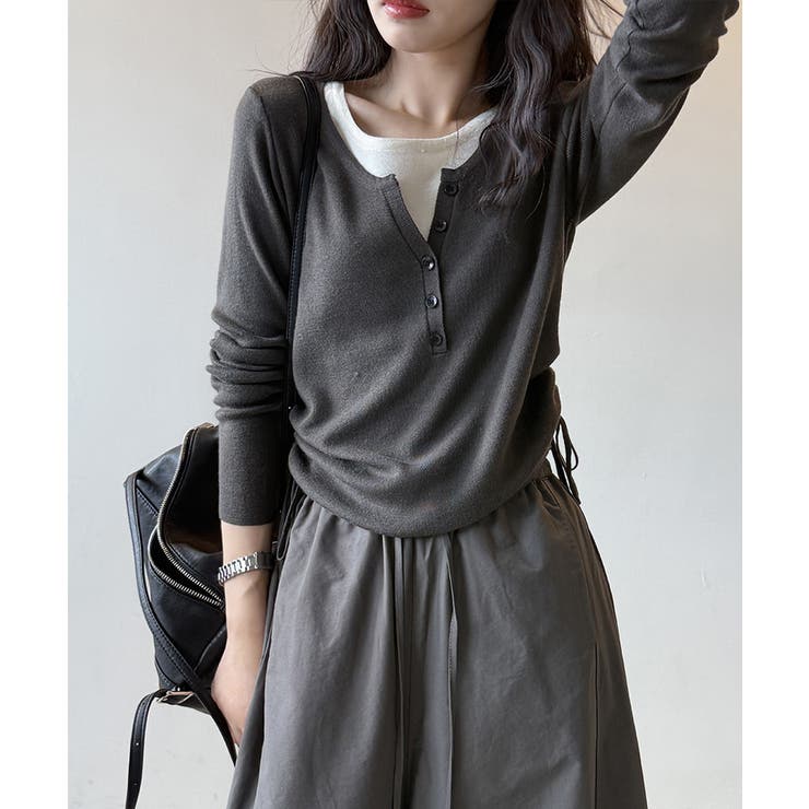 レイヤード風サイドギャザーニット 重ね着風トップス ニット[品番