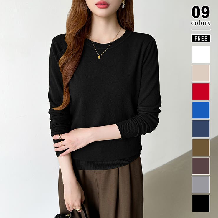 ブラック | クルーネックニット 長袖ニット ニット | COCOMOMO