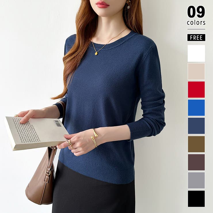 ネイビー | クルーネックニット 長袖ニット ニット | COCOMOMO
