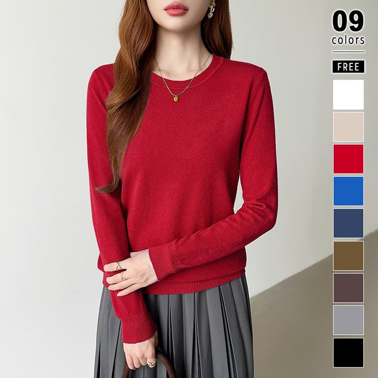 レッド | クルーネックニット 長袖ニット ニット | COCOMOMO