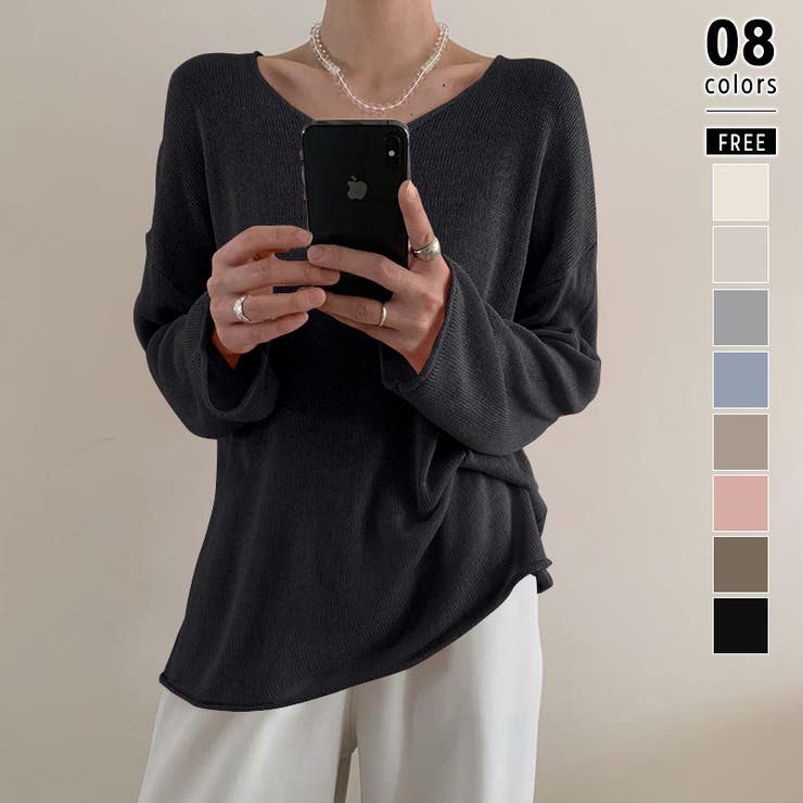 ブラック | 大人のゆるカジルーズニット シアーニット Vネック | COCOMOMO