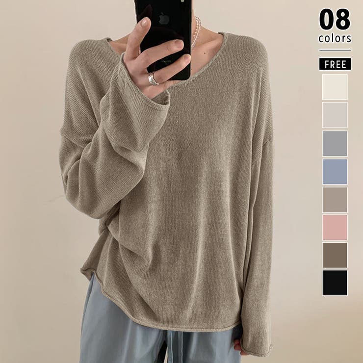 ライトグリーン | 大人のゆるカジルーズニット シアーニット Vネック | COCOMOMO