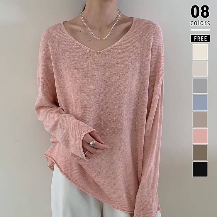 ピンク | 大人のゆるカジルーズニット シアーニット Vネック | COCOMOMO