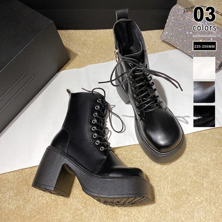 マットブラック | 厚底レースアップブーツ 厚底ブーツ ショートブーツ | COCOMOMO